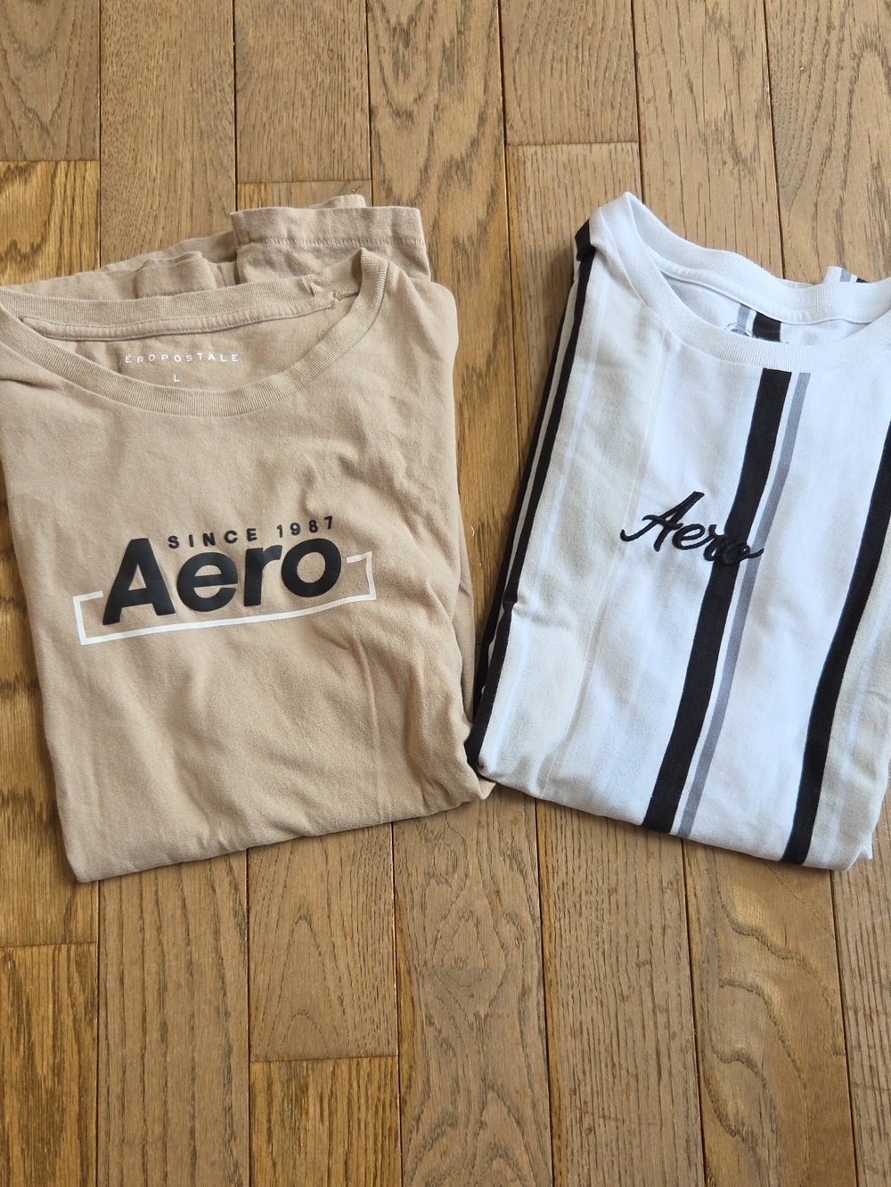 Aeropostale Beige Logo Tee & White Striped Tee